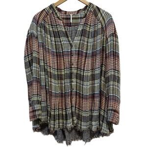 Free People Come On Over Plaid Button Down Swing Shirt Oversized Raw Hem Size S